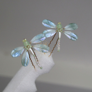 古风发饰蓝橘渐变色琉璃蜻蜓头花发钗发簪子汉服点缀头饰旗袍配饰