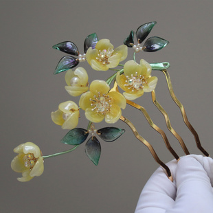 古风仙气汉服黄色红色腊梅花枝发梳发簪子Lolita旗袍头饰发饰配饰