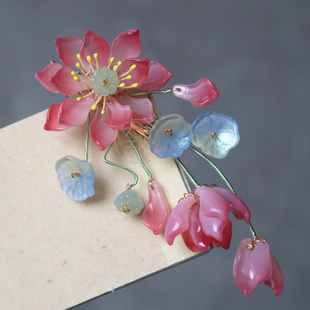 古风渐变粉色琉璃荷花荷叶花朵莲花发夹子发簪子旗袍汉服头饰配饰