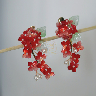 古风红渐变红色琉璃小花朵绣球花发夹子发簪汉服旗袍头饰发饰配饰