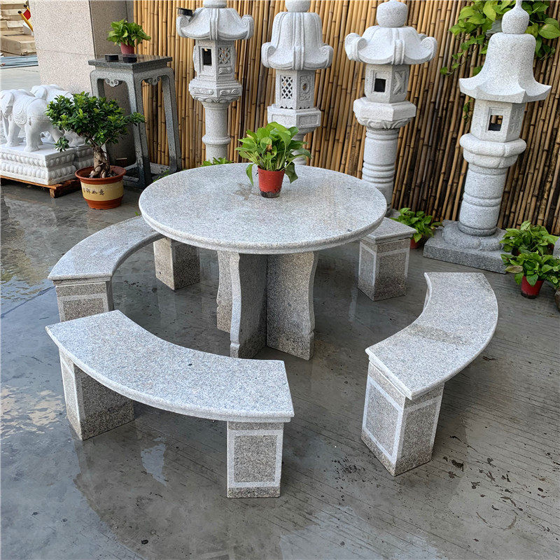 石桌石凳户外庭院天然大理石头桌子圆桌花园室外靠背桌椅一套石雕