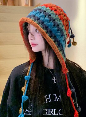 2026对比色羊毛帽女式秋冬保暖护耳时尚手工包头针织冷帽大围头