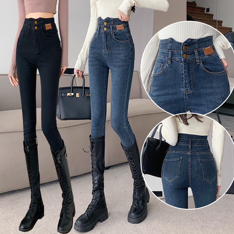 蓝灰色牛仔裤女修身小脚秋季2025新款紧身高腰显瘦提臀弹力长裤子