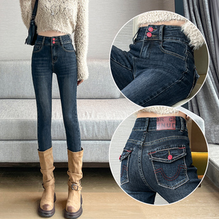 加绒收腹提臀铅笔裤 女2025冬季 子 小脚牛仔裤 复古高腰紧身加绒靴裤