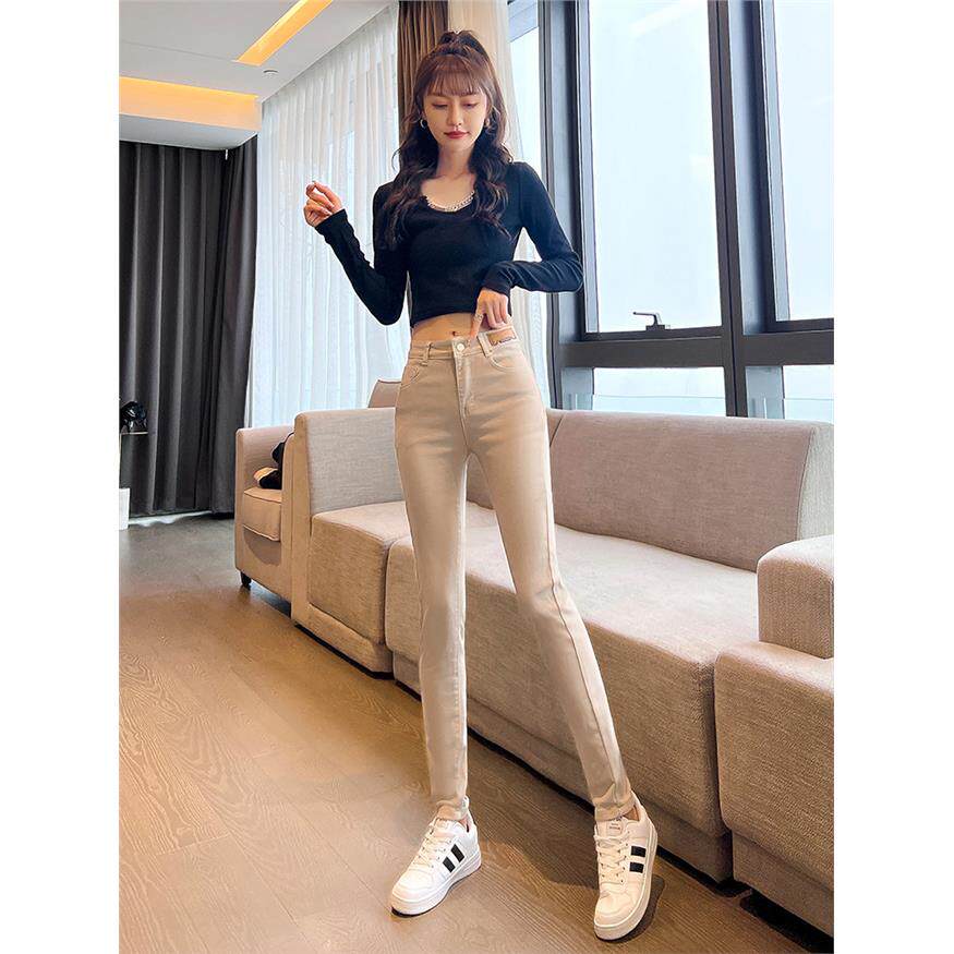 卡其色牛仔裤女士浅色紧身秋冬天鹅绒裤高腰铅笔裤秋季牛仔小腿裤