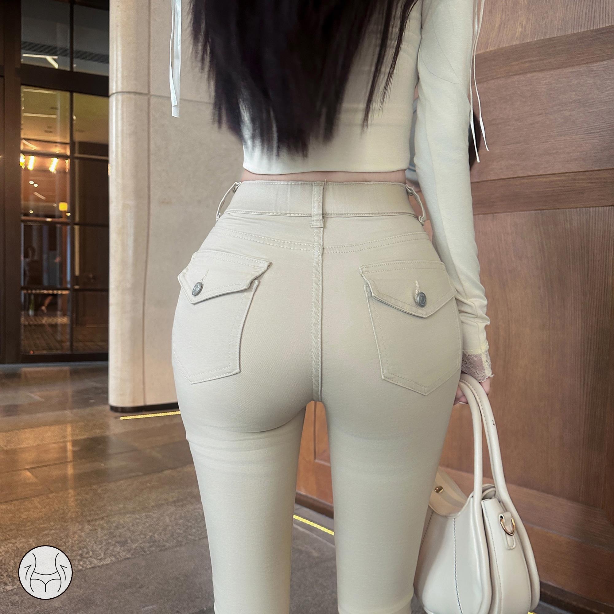 奶茶杏高腰丰胯牛仔裤女弹力显瘦紧身提臀小脚裤V腰九分铅笔裤薄