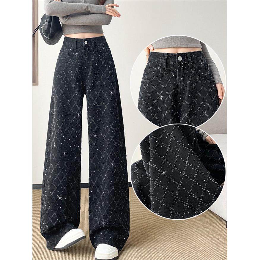 黑色编织带钻阔腿牛仔裤女冬季宽松设计感网格满天星闪钻直筒裤子,女装/女士精品,牛仔裤,淘宝优惠券,粉丝福利购,淘宝优惠卷