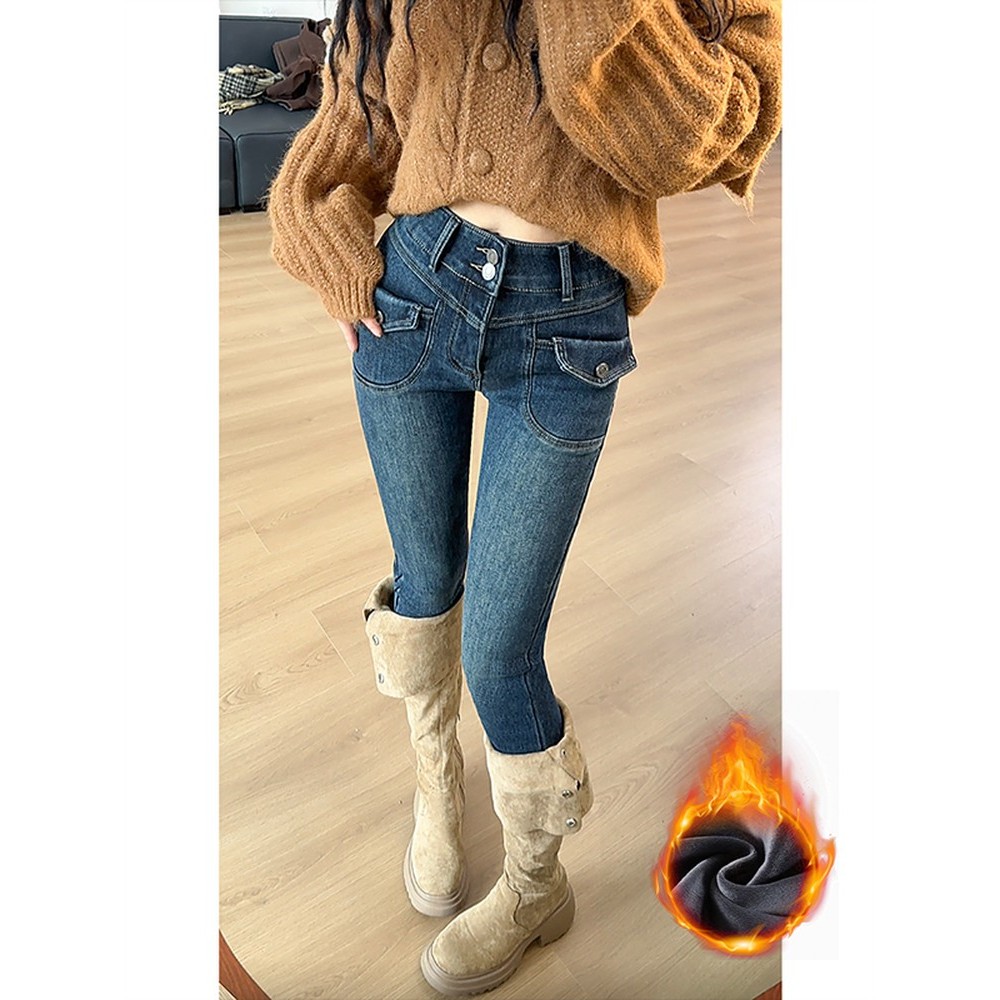 弹力女铅笔新款高腰显瘦修身裤加绒年秋冬蓝色2025紧身牛仔裤小脚