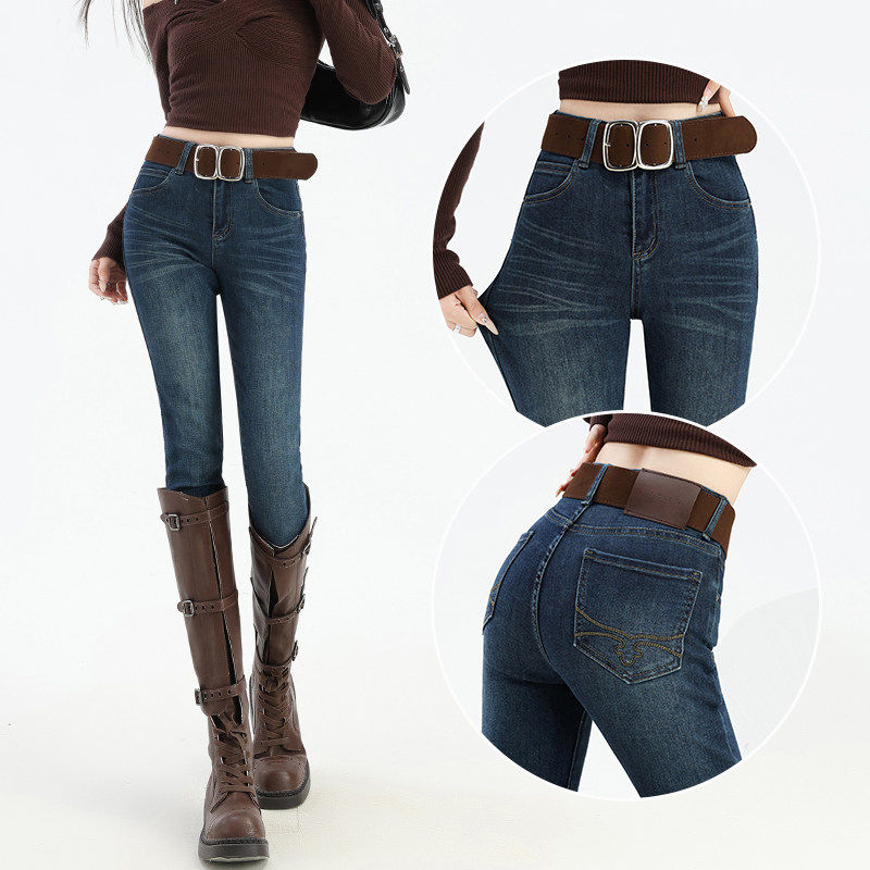 弹力紧身铅笔牛仔裤女小脚靴裤加绒加厚2025冬轻熟风丰胯翘臀裤子