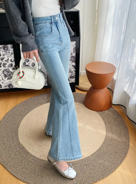 浅蓝色韩式高腰拼接微喇牛仔裤女2026年秋季新款修身显瘦喇叭裤子