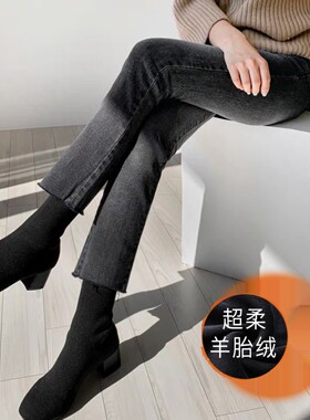 烟灰色牛仔裤女秋冬2026年新款加绒高腰宽松显瘦九分直筒烟管裤子