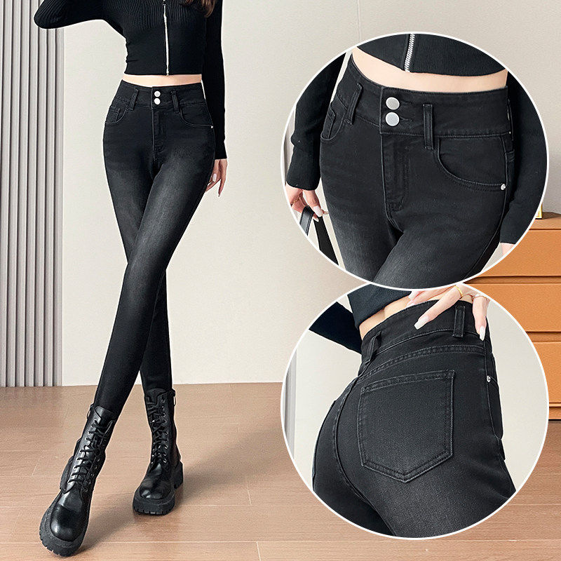 黑色紧身牛仔裤女提臀小脚裤冬加绒加厚新款弹力丰胯潮流铅笔靴裤