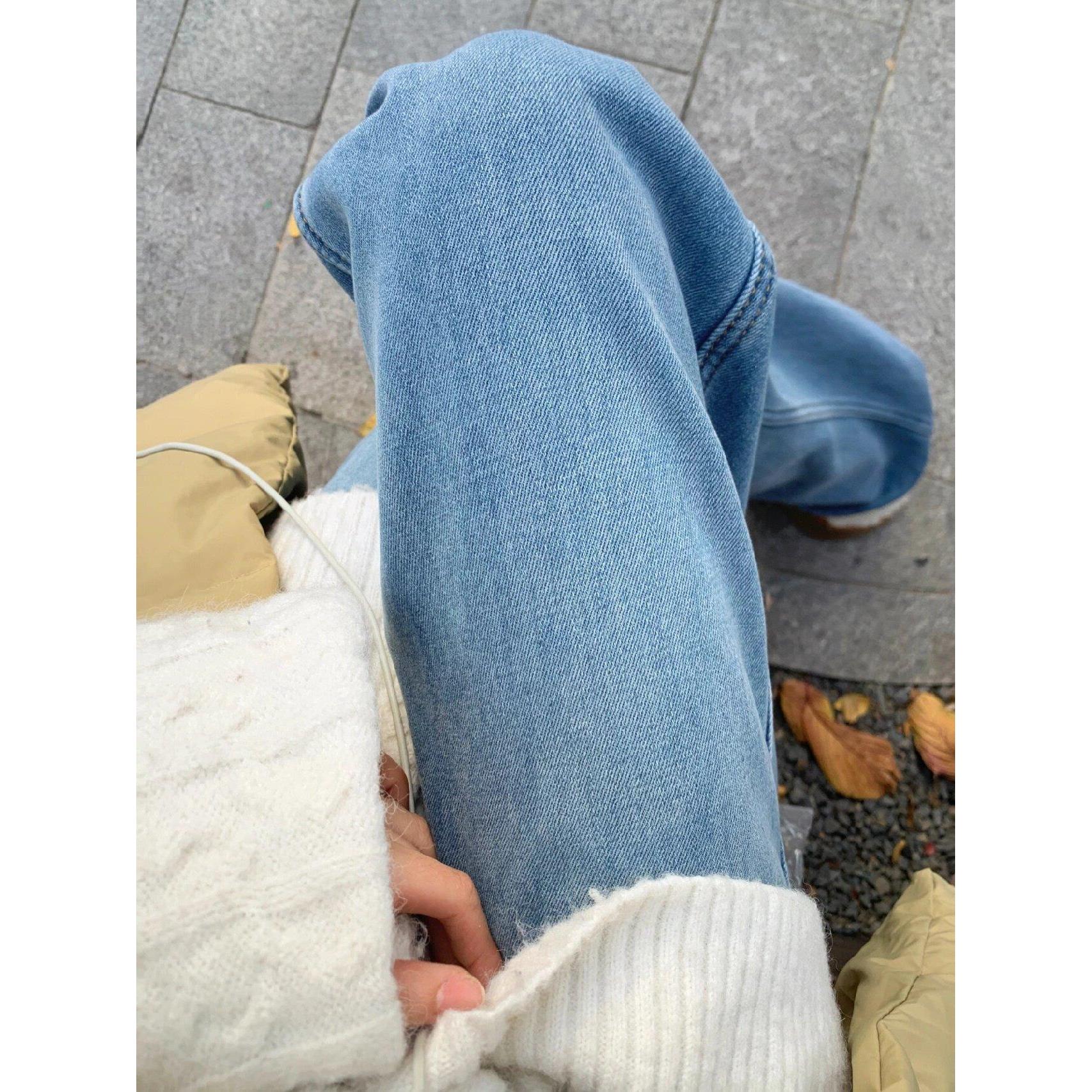 秋冬加绒宽松直筒牛仔裤女浅蓝色高腰显瘦垂坠感小个子拖地阔腿裤