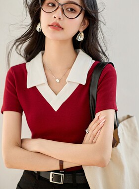 法式polo领红色t恤女装夏季新款设计感小众修身显瘦辣妹短袖上衣