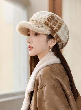 毛绒边格纹鸭舌帽子女士秋冬季2026新款画家帽时尚优雅防晒八角帽