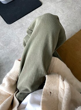 复古绿色直筒牛仔裤女秋季新款胖妹妹mm可调节高腰宽松显瘦阔腿裤