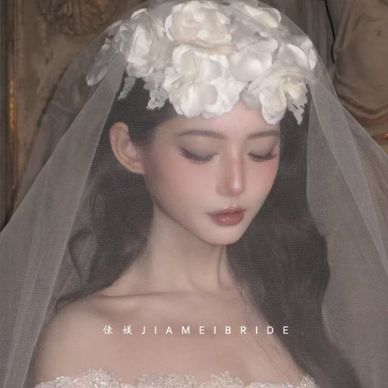 佳媄法式复古白色蕾丝花朵头纱新娘婚纱摄影高级感超仙森系头饰