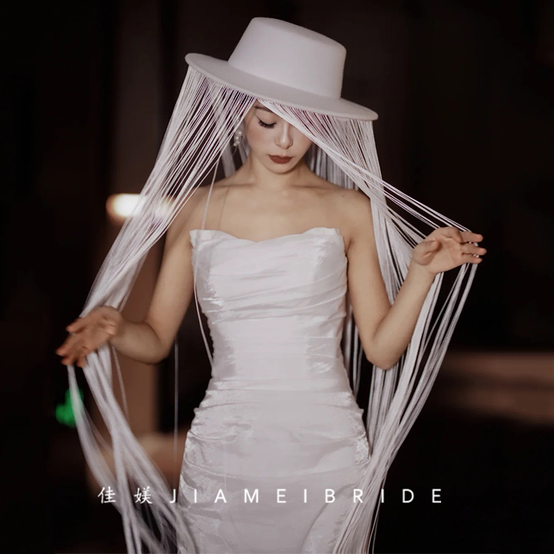 新款手作法式复古礼帽流苏遮面白色珍珠平顶礼帽礼服配饰礼帽配饰