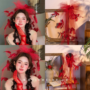 新款红色蝴蝶结网格主婚纱发夹头纱复古新娘敬酒晚宴结婚礼服头饰