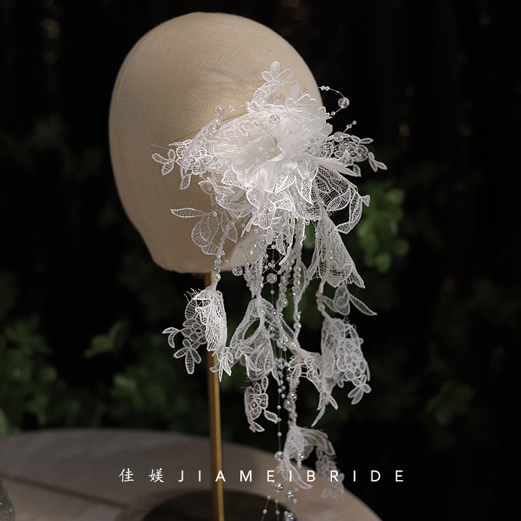 佳媄法式白色蕾丝绢花闪耀水晶串珠头饰新娘马尾头花发夹复古森系
