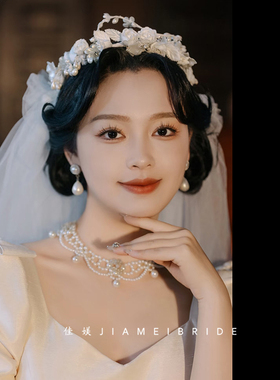 佳媄法式风花朵皇冠新娘头饰婚纱婚礼重工珍珠花朵发饰蕾丝发饰