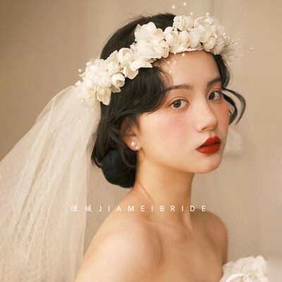 佳媄复古法式森系花苞花环式头纱小众高级感2024新款拍照出片头纱