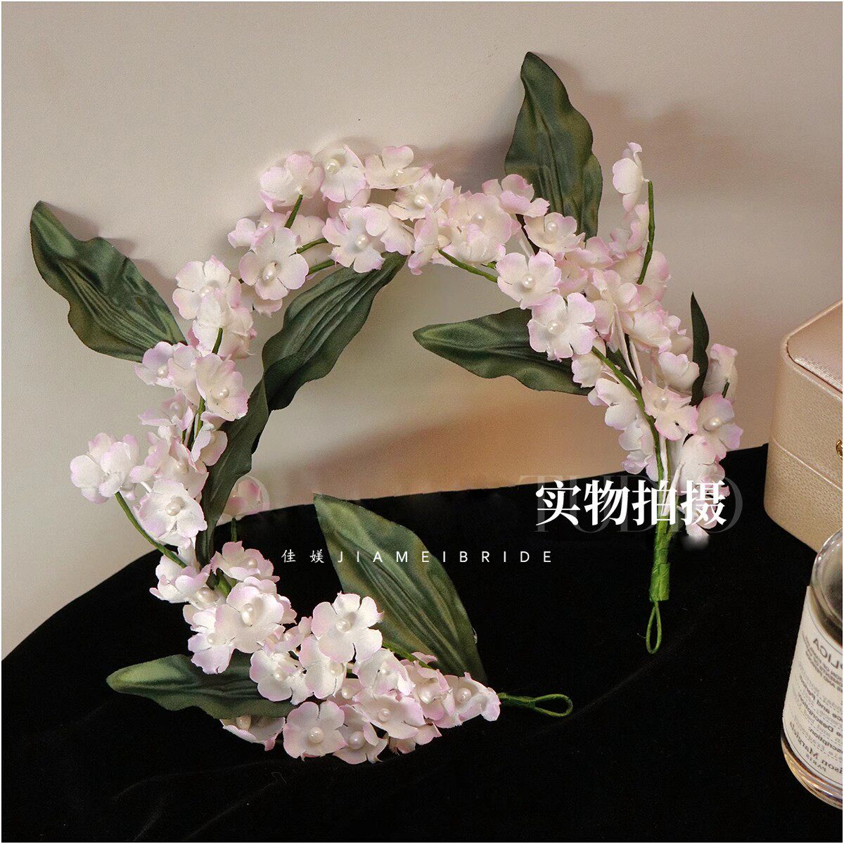 佳媄法式复古渐变樱花粉色铃兰花叶子头饰花环新娘森系油画风写真
