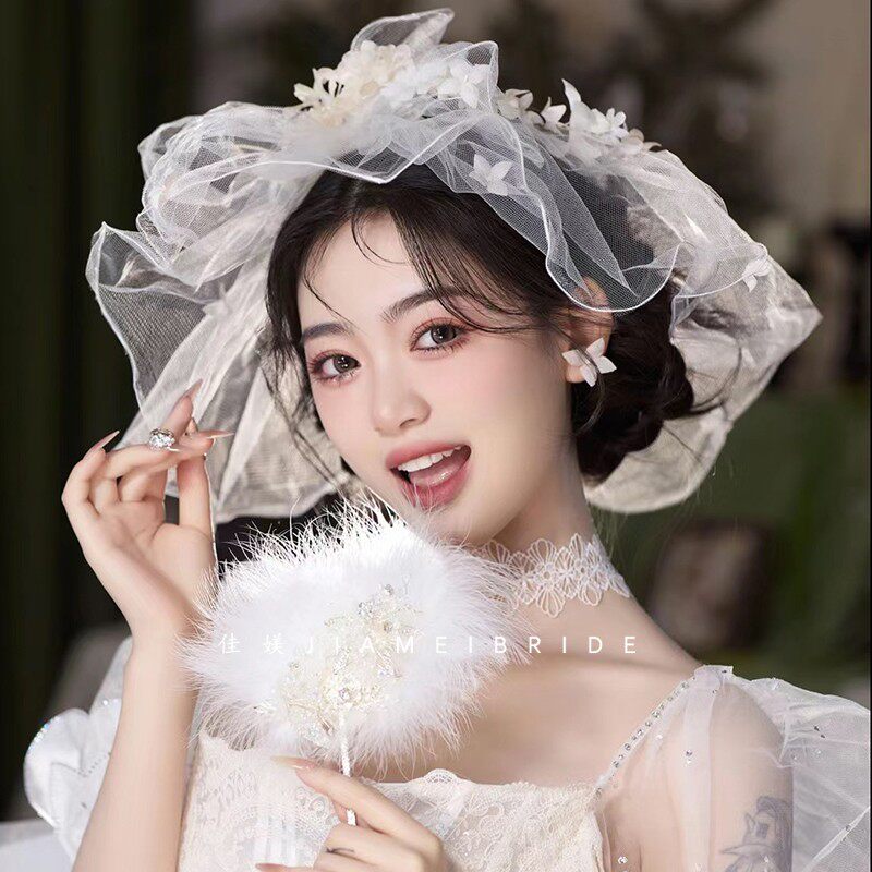 佳媄创意仙气白色花朵新娘头饰花环帽纱遮面头纱外景旅拍婚纱配饰