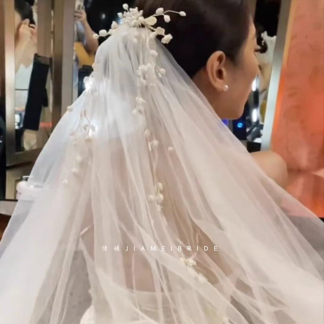 重工铃兰花奶白色树枝头纱法式结婚外景写真创意超仙头纱配饰品