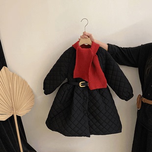 女童时尚韩系百搭棉服裙冬季长款棉衣连衣裙赫本风时尚加绒潮