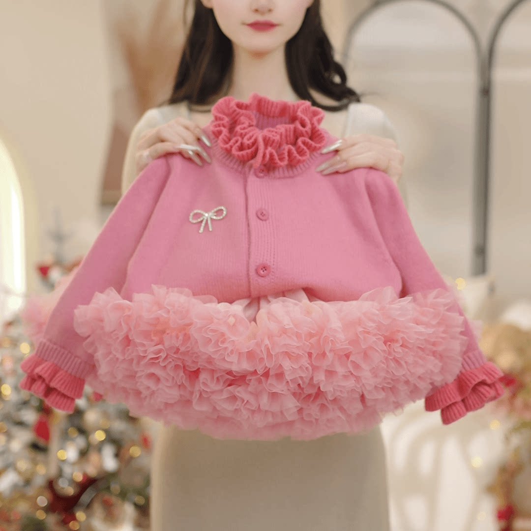 女童2026春季新款洋气百搭木耳边加厚毛衣+tutu裙套装