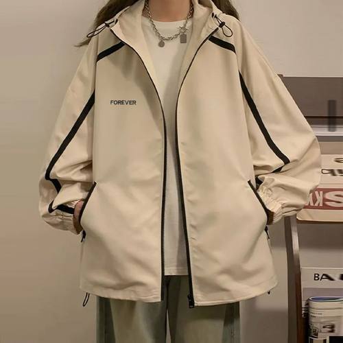 潮流美式连帽冲锋衣外套女春秋季新款宽松户外运动防风夹克上衣潮