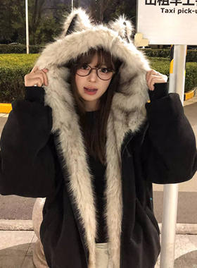 黑色麂皮绒毛领棉服厚外套女冬季新款超好看设计感座山雕夹棉衣潮