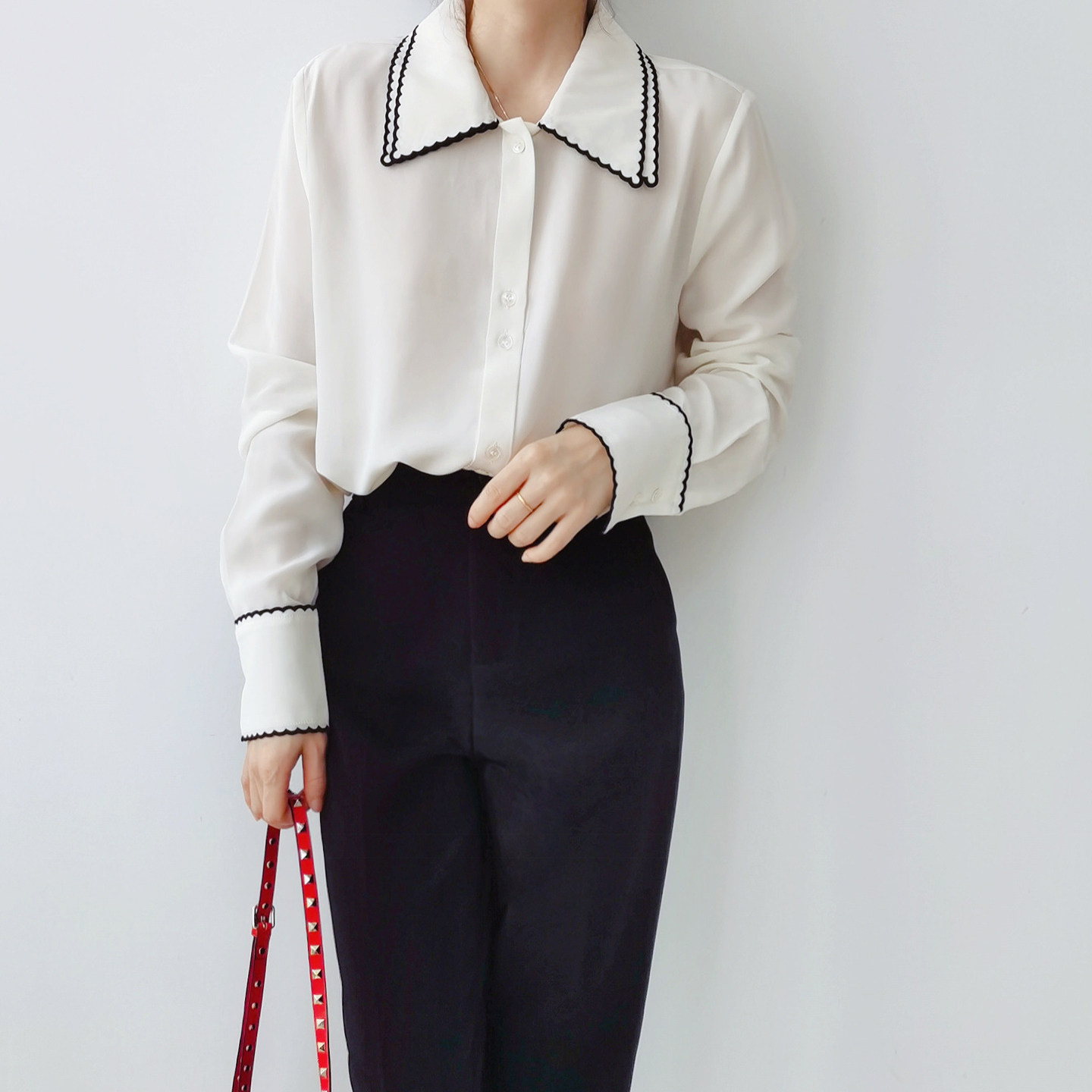 通勤风OL双层翻领撞色绣花长袖真丝衬衫女米色宽松砂洗桑蚕丝衬衣