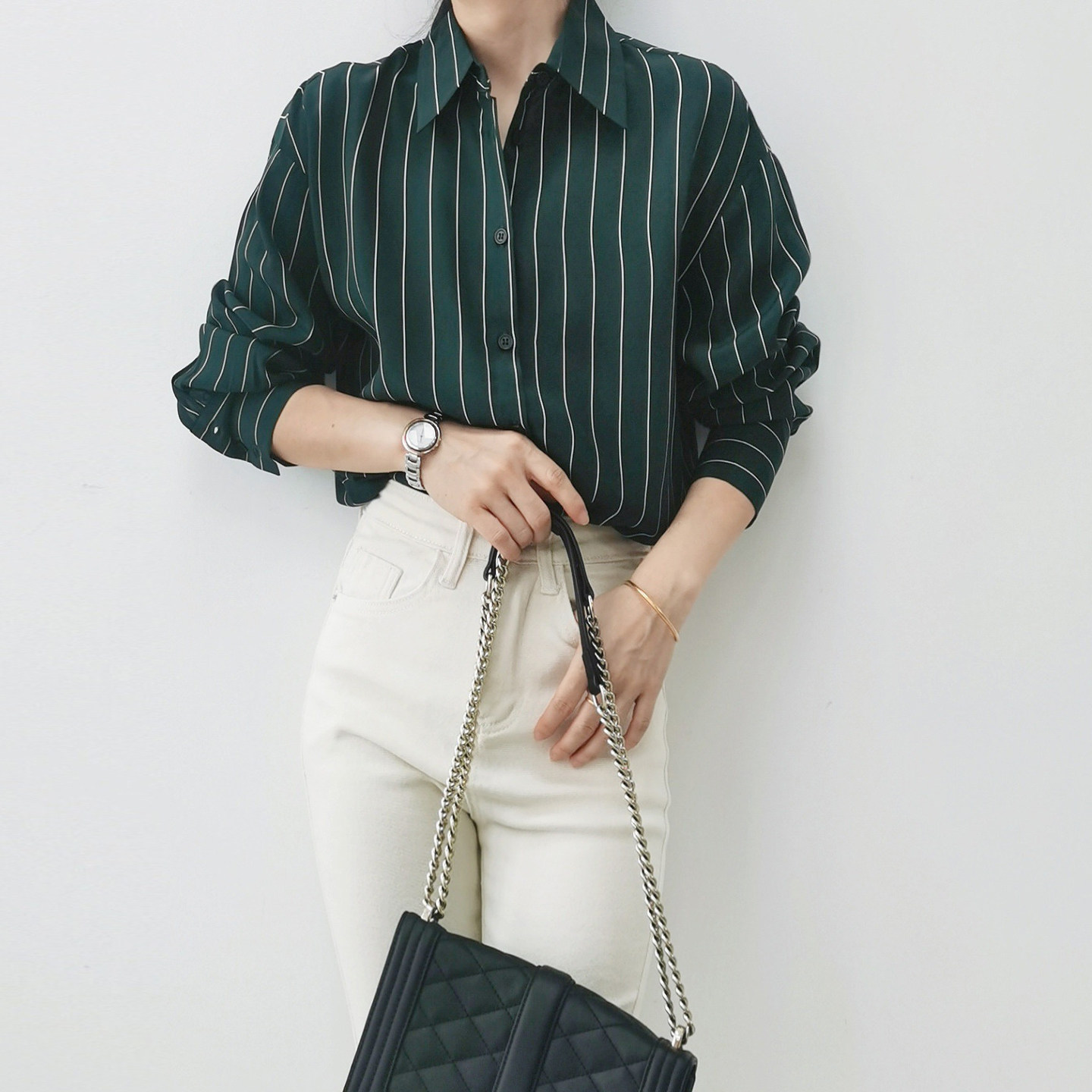 厂家特价绿色条纹真丝衬衫女 长袖通勤风宽松高级感桑蚕丝上衣