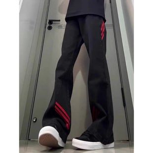 斜杠三条纹红黑撞色拼接显瘦微喇牛仔裤小众设计感美式工装直筒裤
