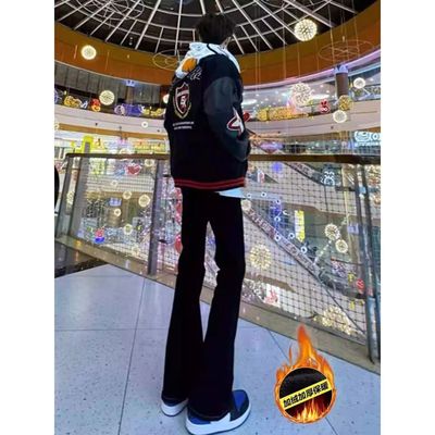 美式vibe裤子男款秋冬高街黑色直筒牛仔裤加绒高腰显瘦弯刀微喇裤