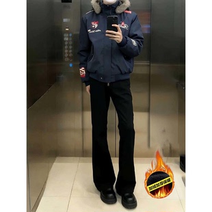 黑色微喇牛仔裤男款加厚冬cleanfit裤子美式高街高弹力加绒弯刀裤