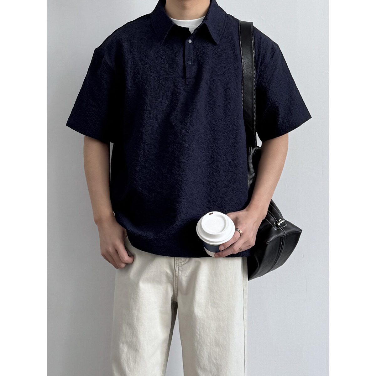 日系复古简约纯色泡泡纱短袖POLO衫男生夏季百搭宽松休闲半袖衬衣