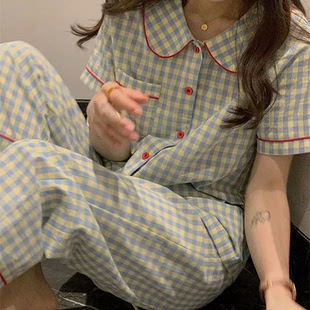 家居服套装 韩版 薄款 ins娃娃领格子睡衣女春夏季 日系甜美网红短袖