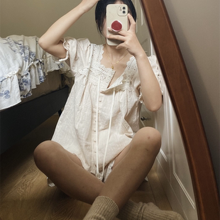 时光美人韩国棉麻纯欲慵懒松弛感睡衣家居服蕾丝小衫纯棉舒适短袖
