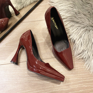 杨树林新款酒红色马蹄跟小方头防水台高跟鞋御姐辣妹夜店约会单鞋