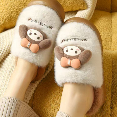 冬季拼色棉拖卡通女外穿加厚底