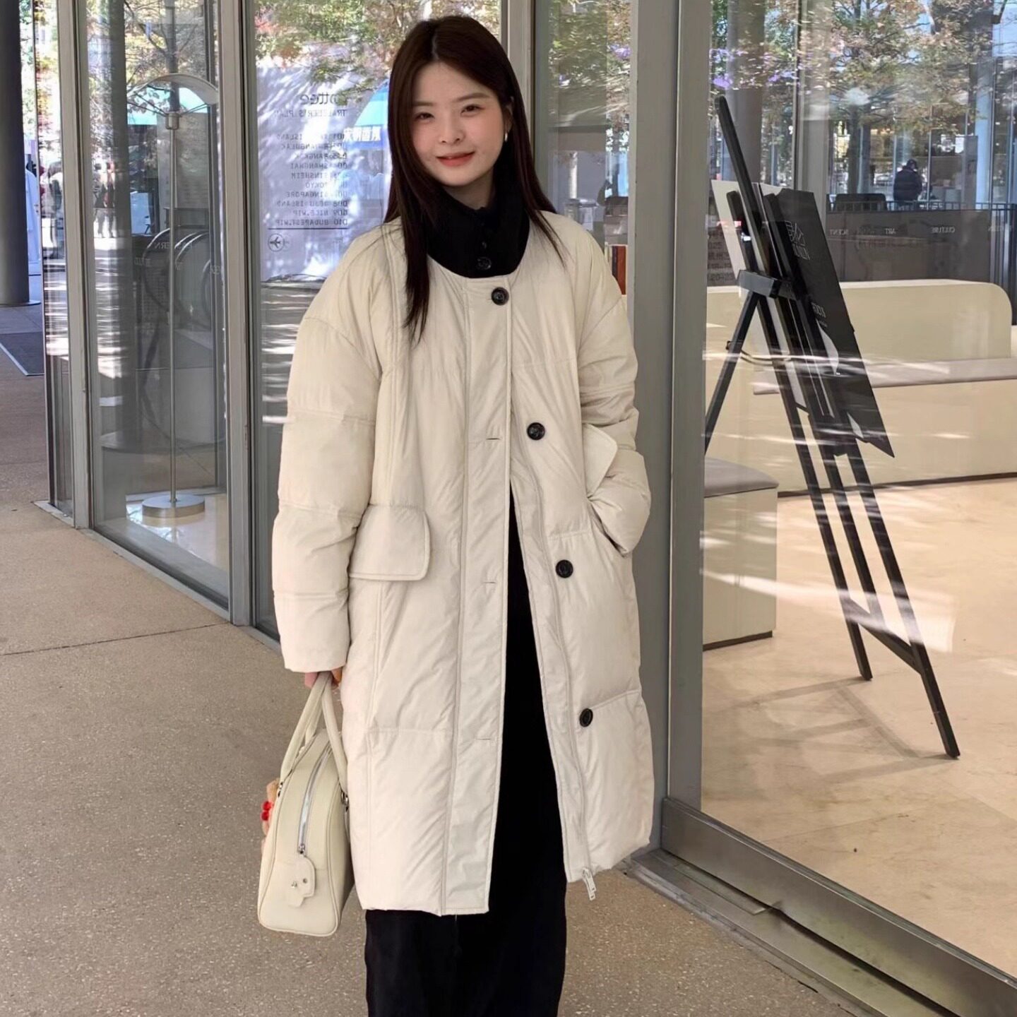 立领小个子单排扣中长款羽绒服女