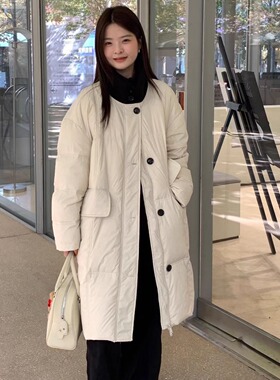 韩系针织立领小个子单排扣中长款羽绒服女90白鸭绒加厚保暖面包服