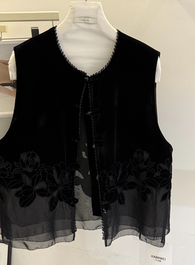 真丝丝绒国风马甲女2025秋季薄款拼纱重工刺绣新中式无袖黑色马夹