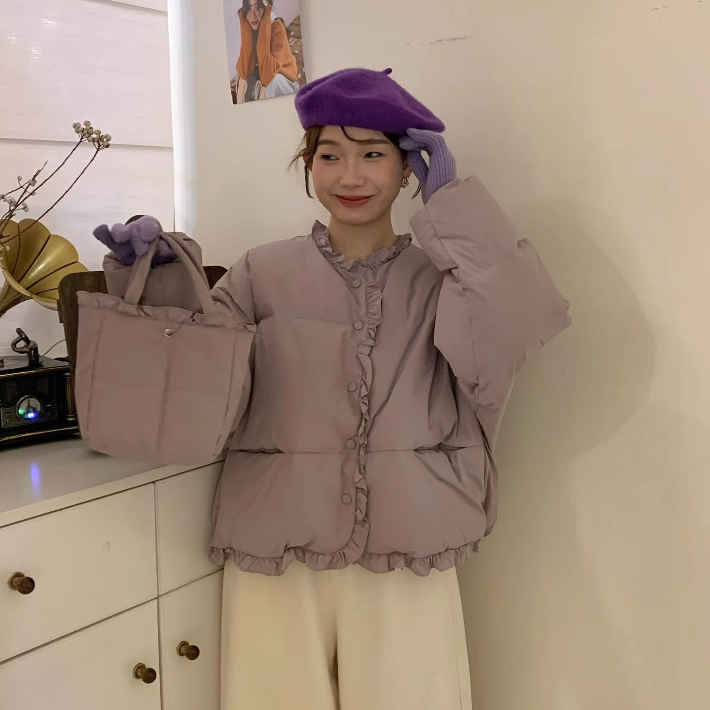 甜美木耳边学院风小个子羽绒服女