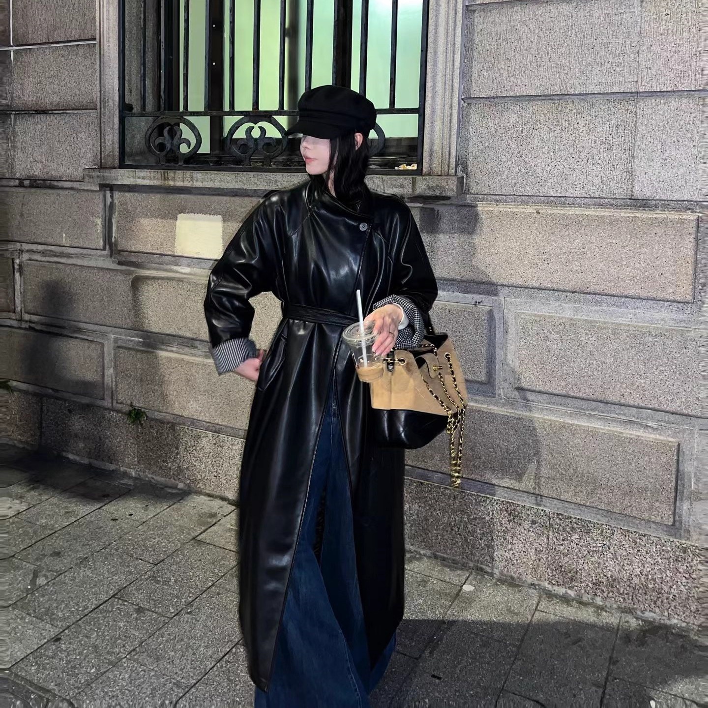 复古立领气质收腰长款皮衣外套女