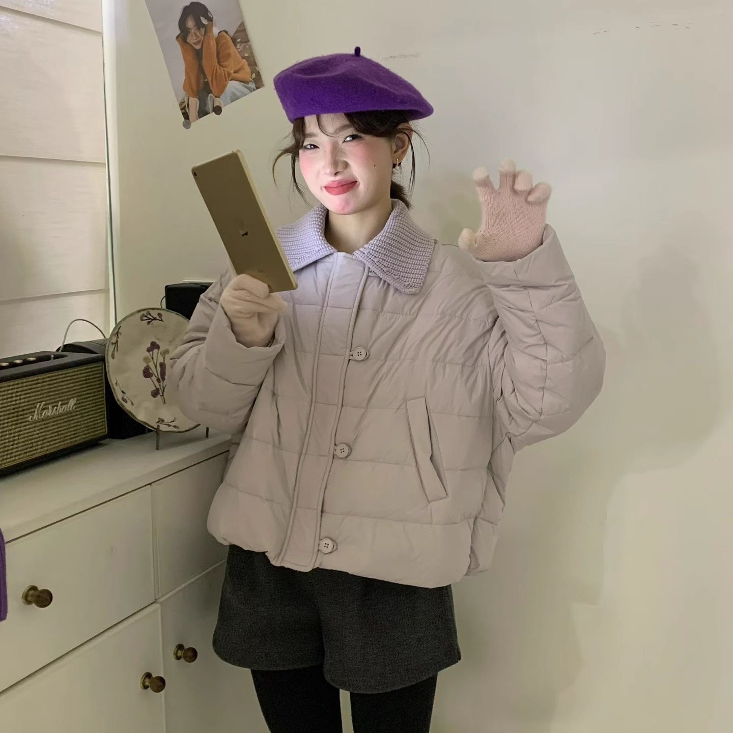 针织枫叶翻领小个子羽绒服女