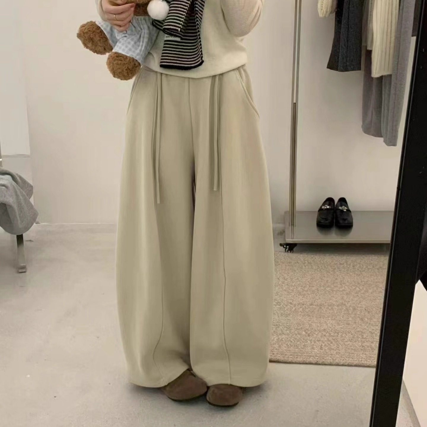 韩版松紧腰加绒休闲卫裤女